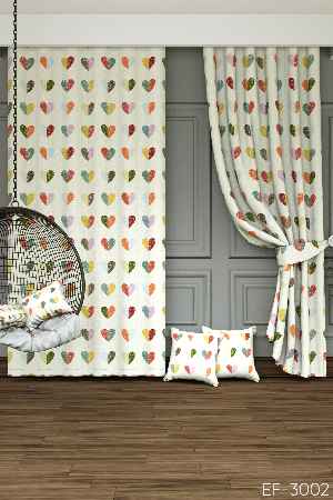 Dökümlü Kumaştan Renkli Kalpler Baskılı Fon Perde- Ekru-çok Renkli