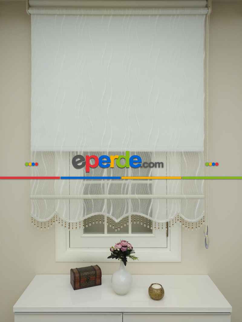 Mutfak - Çiftli Sistem Tül Ve Stor Perde - Su Yolu Desen- Krem Açık-ekru