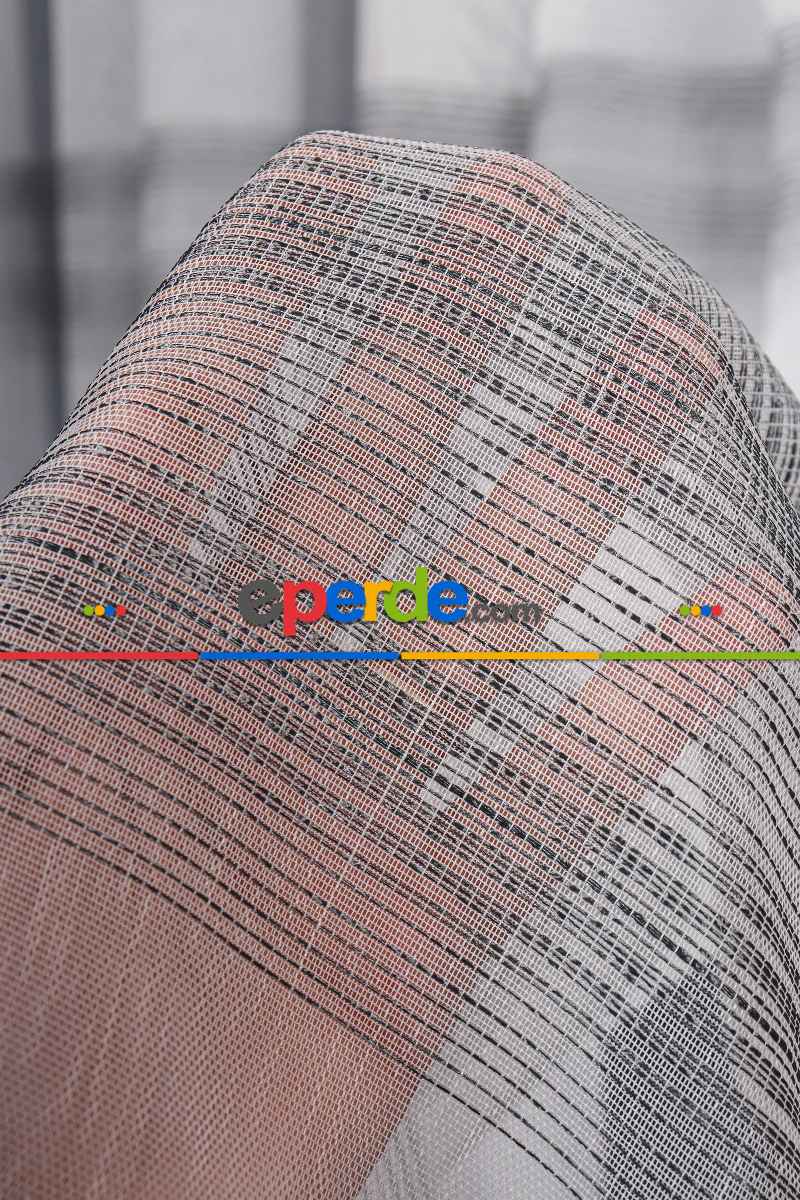 Salon Tül Modelleri - Enine Bantlı Simli Düz Tül Perde Ütü Istemez