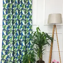 Lacivert-Yeşil Mutfak Perdesi Kanat Fon Perde Yaprak Desenli- Yeşil