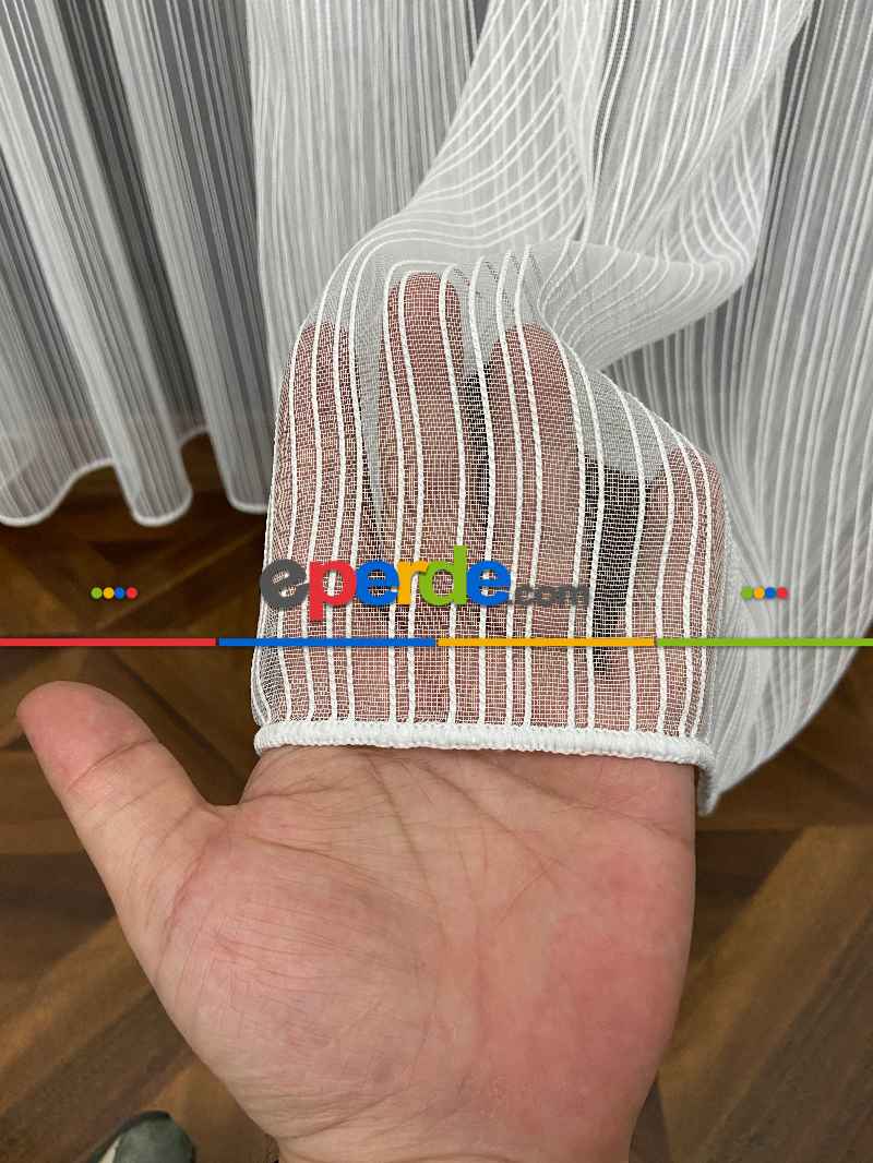 Salon - Boyuno Çizgili Zincir Tül Perde Ekru Renk Kırık Beyaz- Ekru