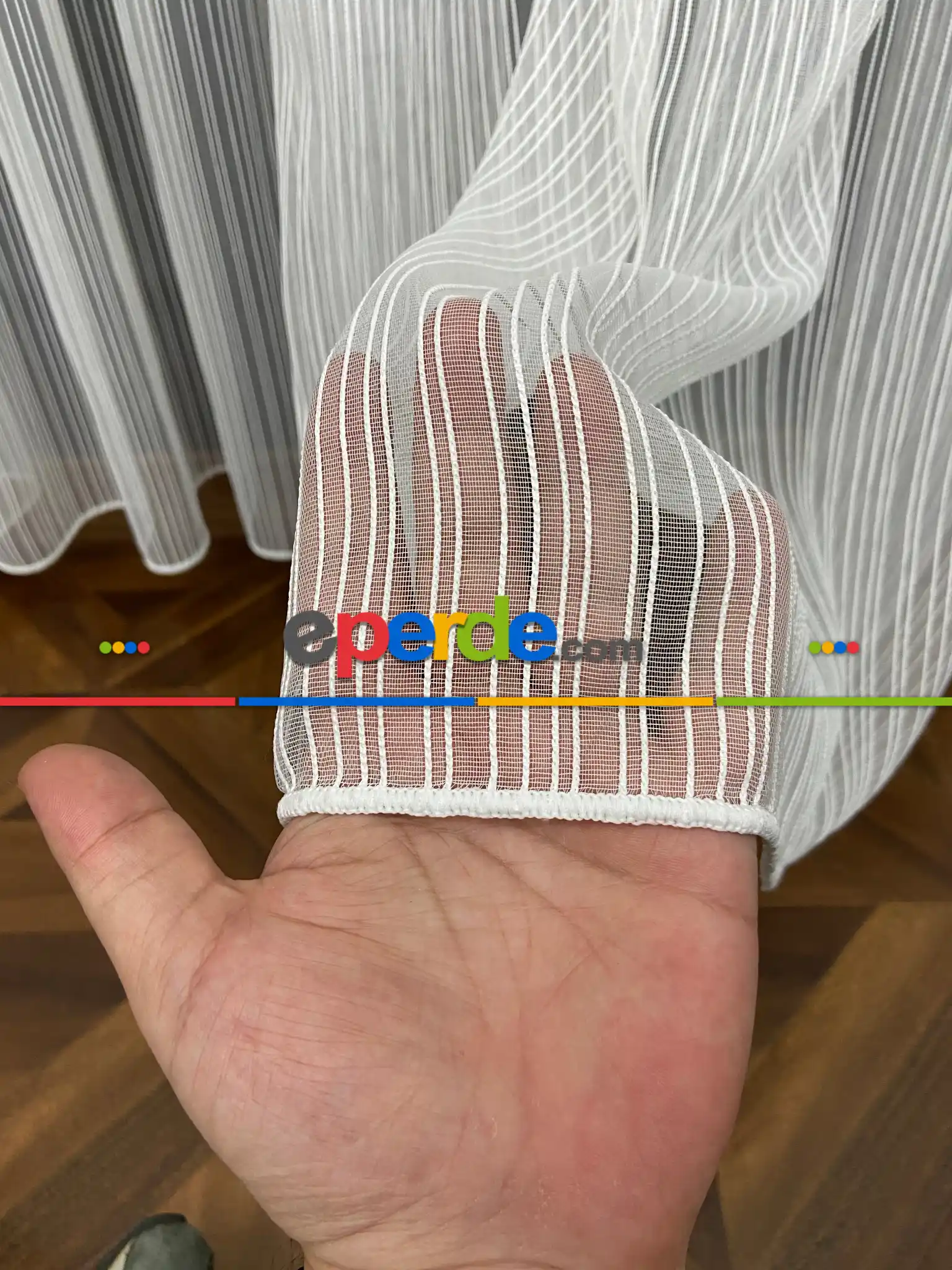 Boyuno Çizgili Zincir Tül Perde Ekru Renk Kırık Beyaz- Ekru - Kurşunlu Tül