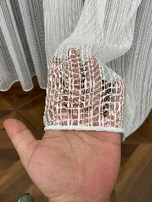 Boyuno Çizgili Zincir Tül Perde Ekru Renk Kırık Beyaz- Ekru - Kurşunlu Tül