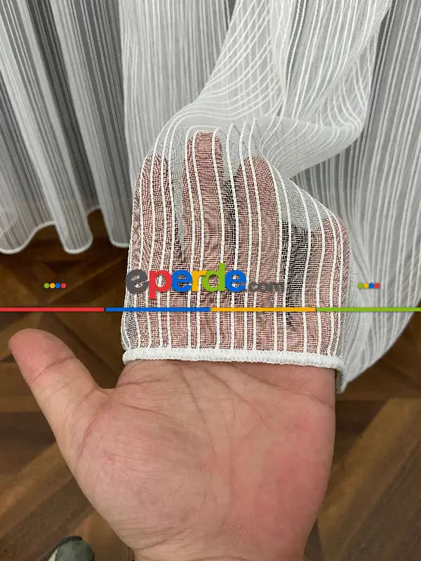 Yatak Odası - Boyuno Çizgili Zincir Tül Perde Ekru Renk Kırık Beyaz- Ekru