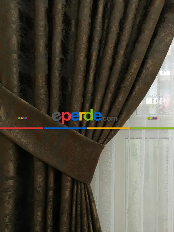 Patinedesenli Kahve - Katyonik Jakar Fon Perde- Kahve