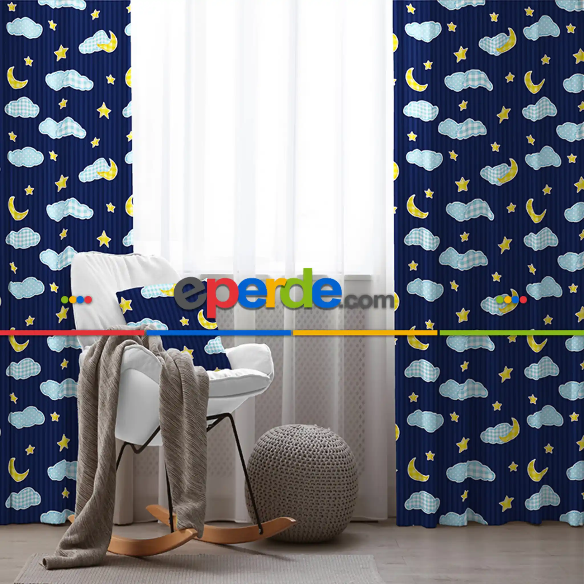 Gece Gökyüzü Desenli Fon Perde Evim834 Kumaşı Kalındır Duck Bezi Değildir- Mavi-beyaz