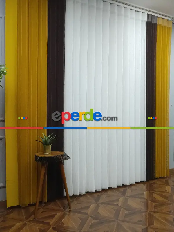 Lens Akıllı Dikey Tül Perde 117- Beyaz-kahve Koyu-hardal
