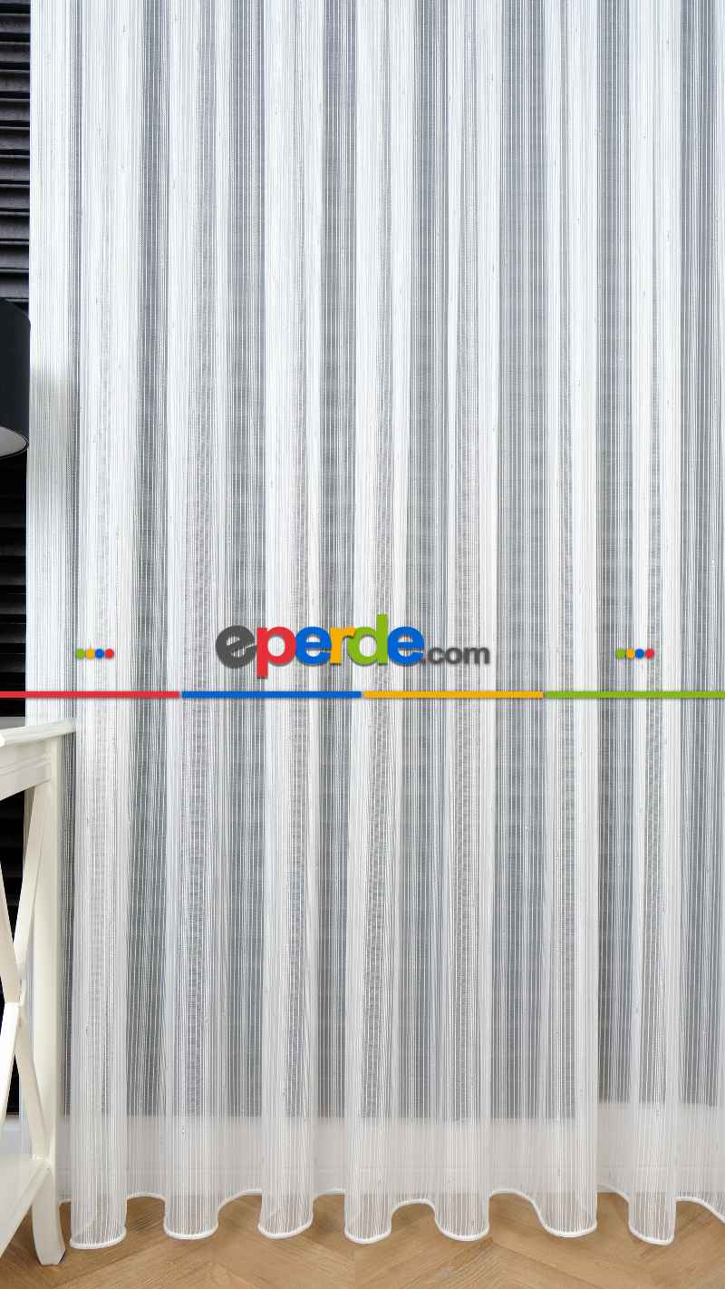 Ekru Zincir Çizgilli Gümüş Simli Tül Perde