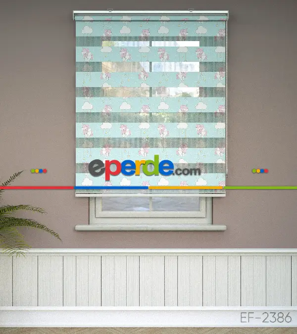 Unicorn Desenli Baskılı Zebra Perde- Çok Renkli