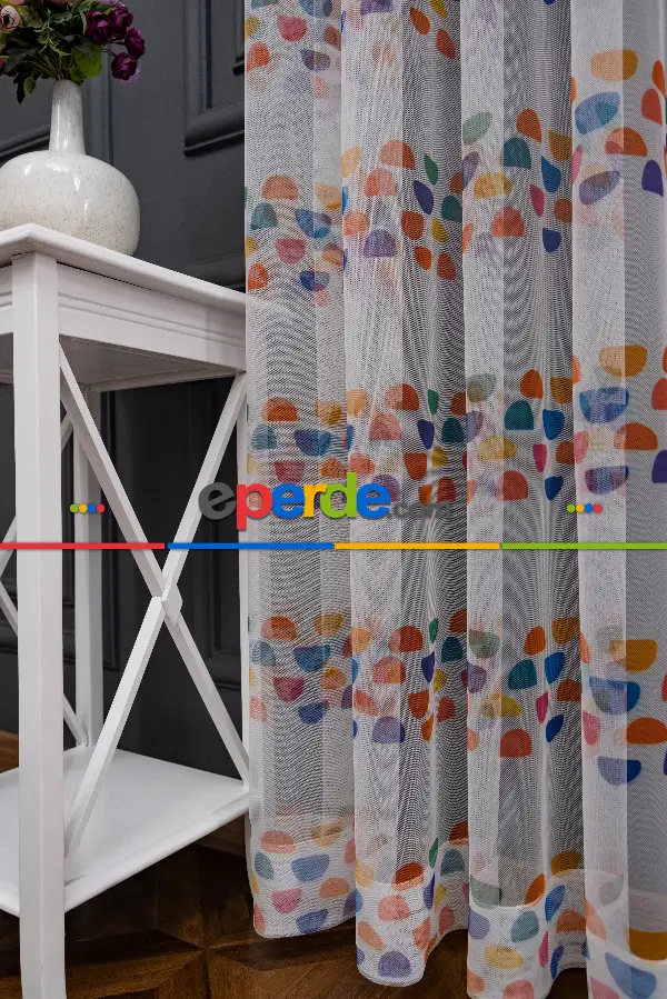 Petek Zemin Turuncu Ve Lacivert Renkli Geometrik Desenli Grek Baskılı Tül Perde