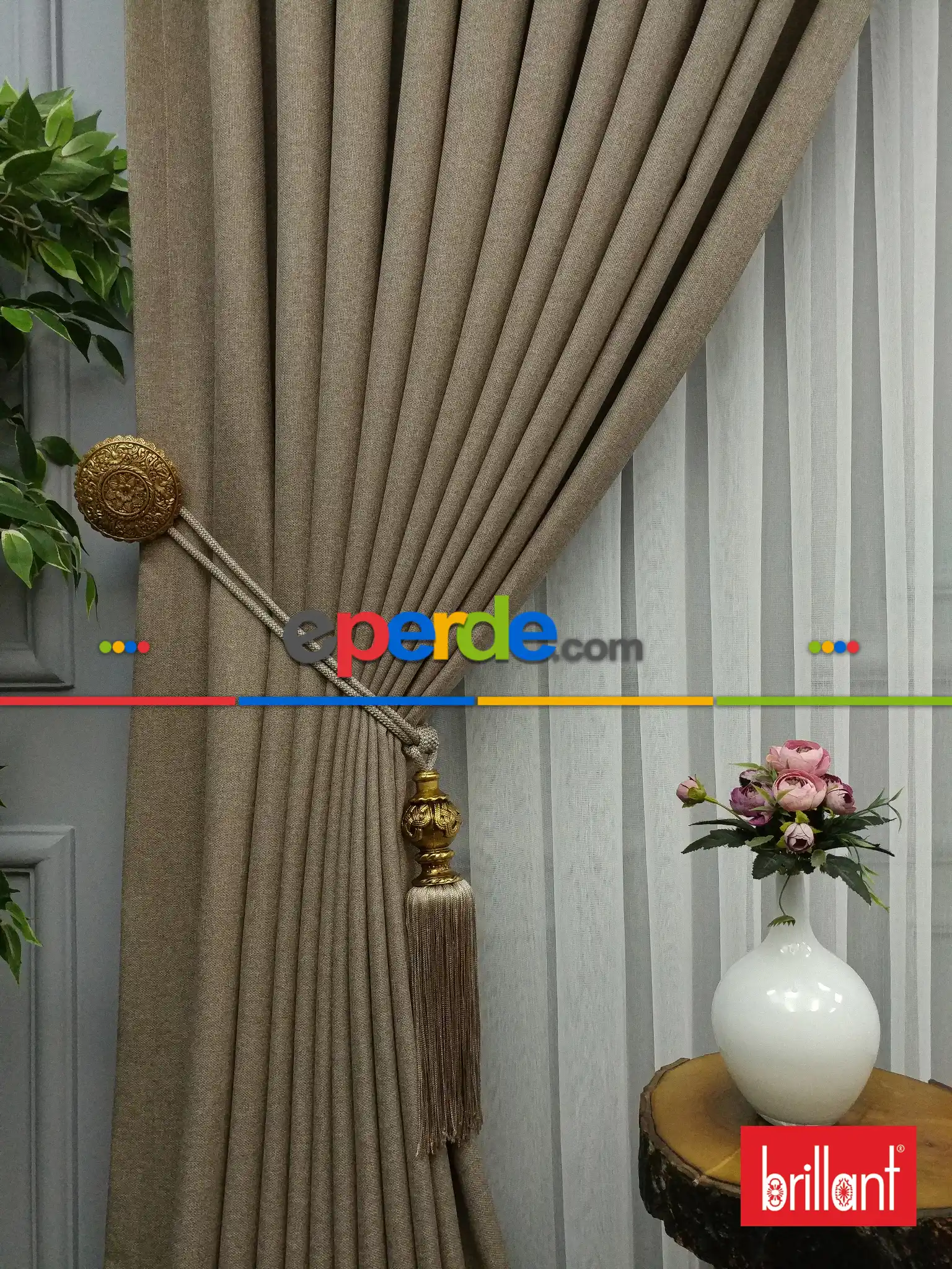 Brillant Keten Açık Camel Neskafe Renk Düz Fon Perde - Açık Camel