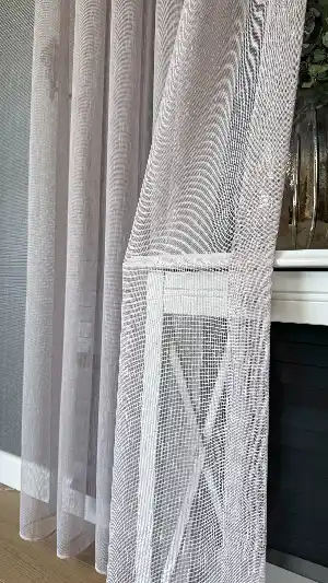 Yatak Odası Pudra Pembe Çizgili Naturel Keten Düz Tül Perde - Premium Kalite Serisi, Eteği Kurşunlu Tül