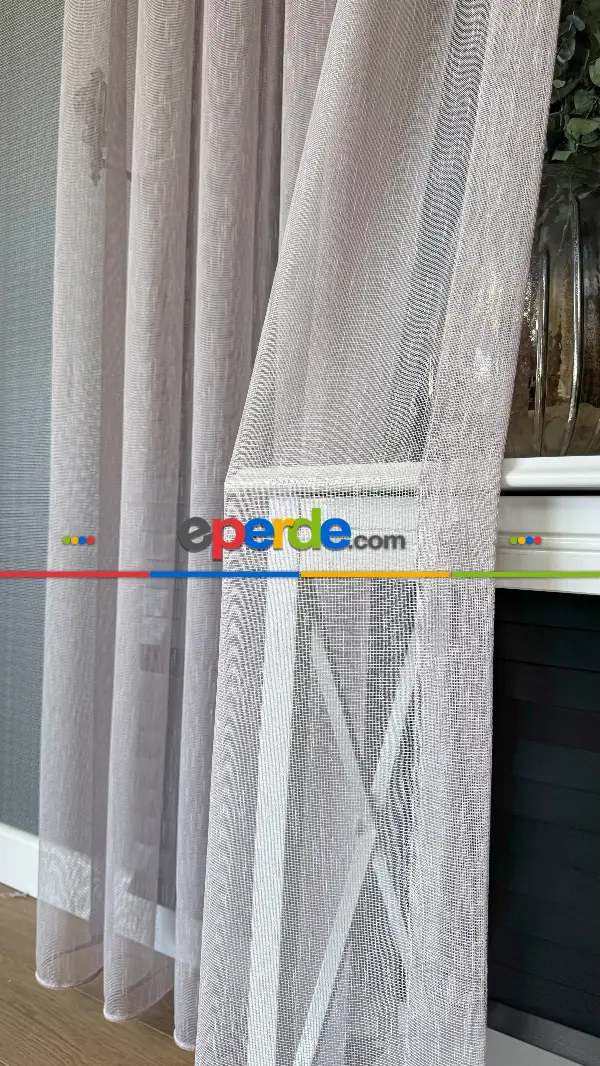 Bebek Odası Tül Perde - Pudra Pembe Çizgili Naturel Keten Düz Tül Perde - Premium Kalite Serisi, Eteği Kurşunlu Tül