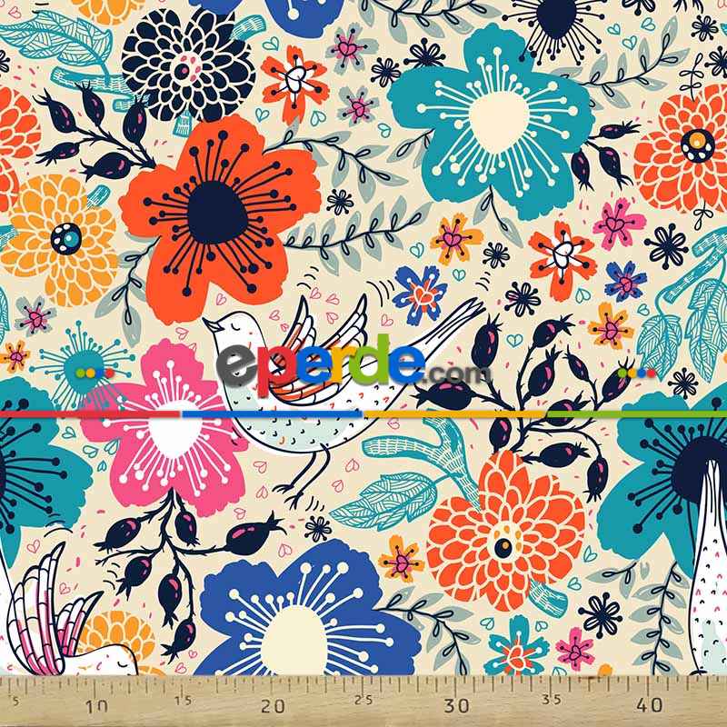 Çiçek Ve Kuş Desenli Fon Perde Evm764 Kumaşı Kalındır Duck Bezi Değildir- Beyaz-Turkuaz-Turuncu