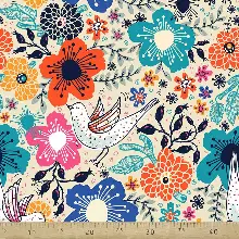 Çiçek Ve Kuş Desenli Fon Perde Evm764 Kumaşı Kalındır Duck Bezi Değildir- Beyaz-Turkuaz-Turuncu