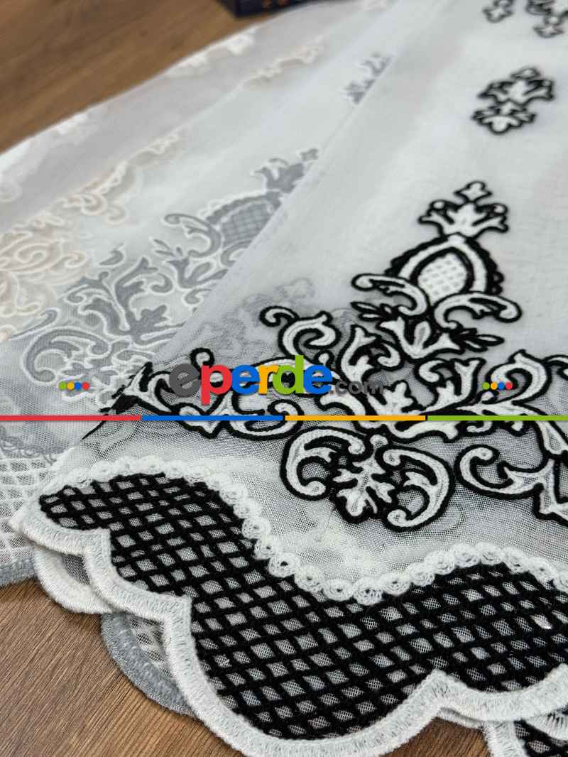 Oturma Odası - Damask Desen Nakışlı Tül Perde - Özel Dokuma Ağır Gramajlı Premium