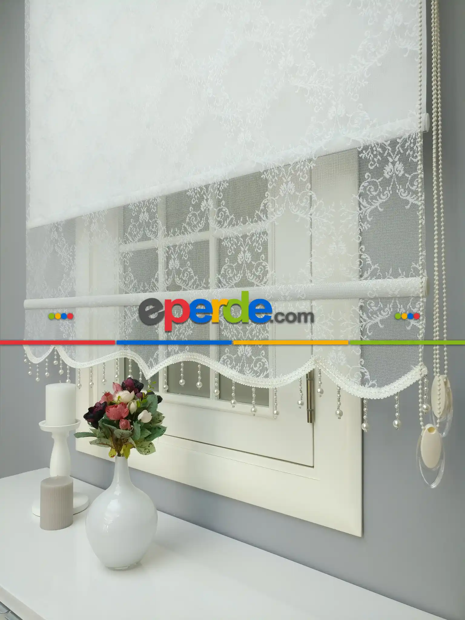 Brillannt - Çiftli Sistem Tül Stor Perde - Ekru - Açık Krem - Beyaz - Damask