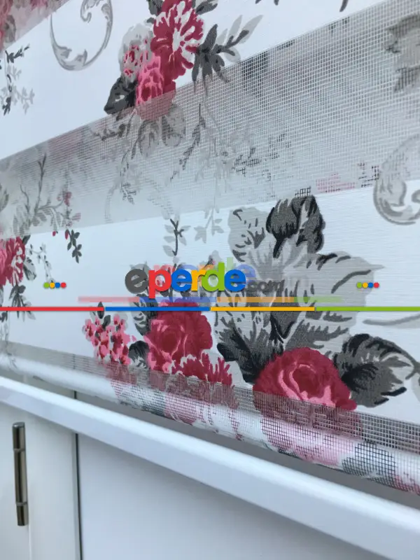 %40 Indirimli !!! Çiçek Desen Pembe-gri Zebra Perde- Siyah-füme-fuşya