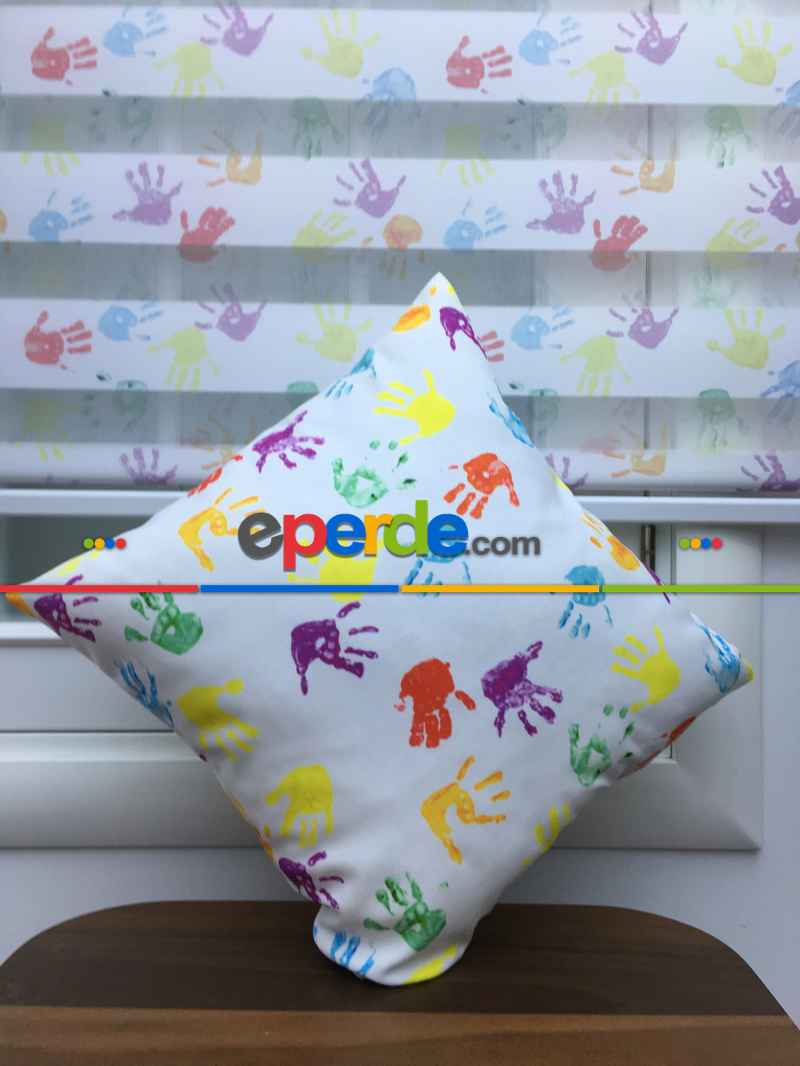 Bebek Odası Fon Perde - Boyalı Eller Baskılı Çocuk Odası Fon Perde - ( Kalın Pamuklu Kumaş)- Yeşil