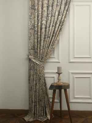 Salon - Desenli Jakar Fon Perde- Lacivert-açık Camel