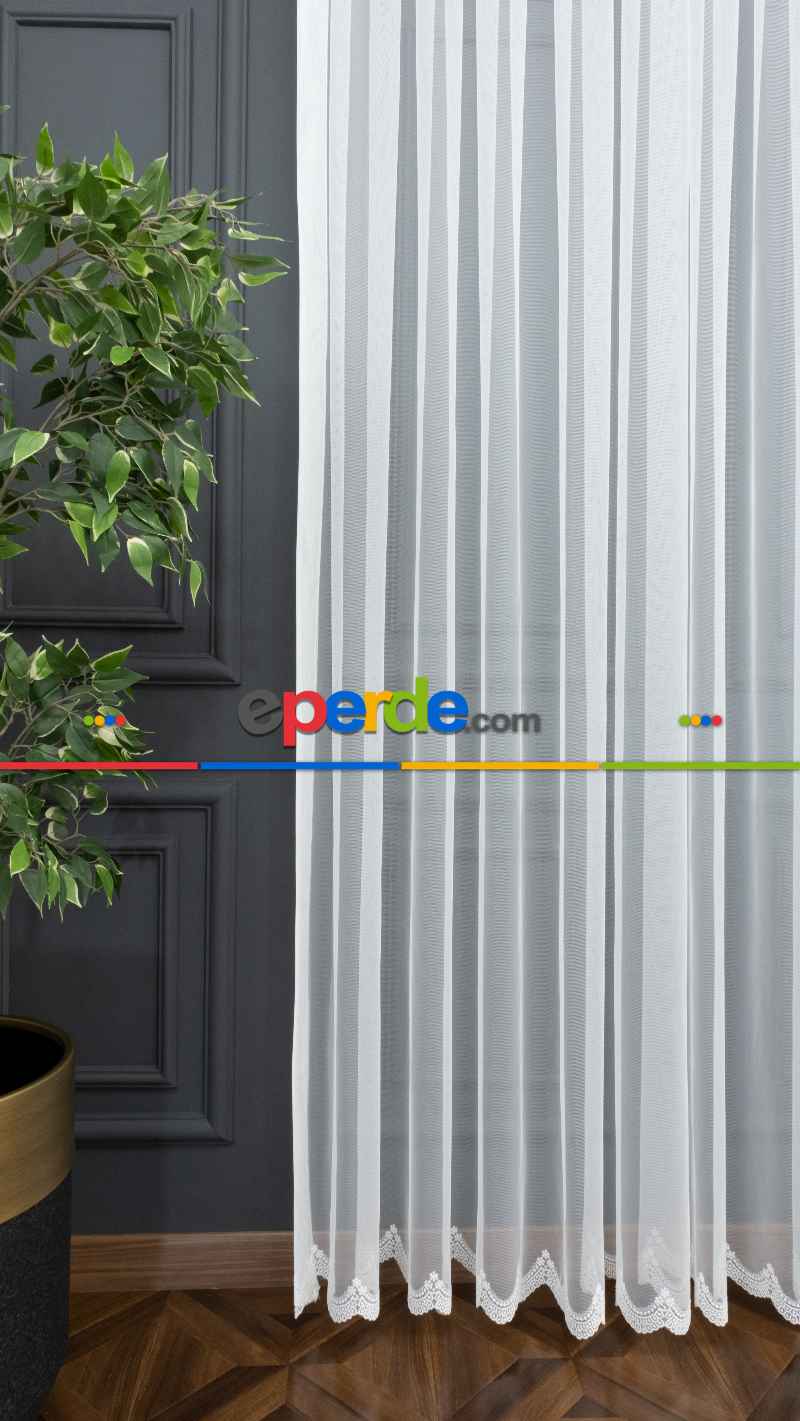 Mutfak - Etek Ucu Desenli Dantel Tül Perde- Ekru