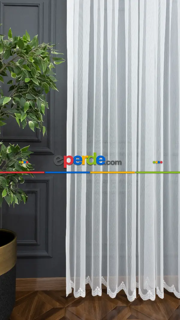 Salon - Etek Ucu Desenli Dantel Tül Perde- Ekru