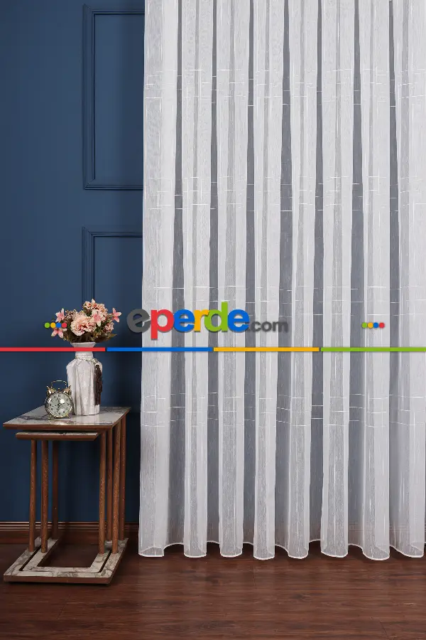 Bambu Zemin Geometri Nakış İşlemeli Tül Perde