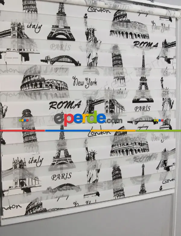 Genç Odası - Roma Paris Baskılı Zebra Perde- Siyah-beyaz- Çok Renkli 2