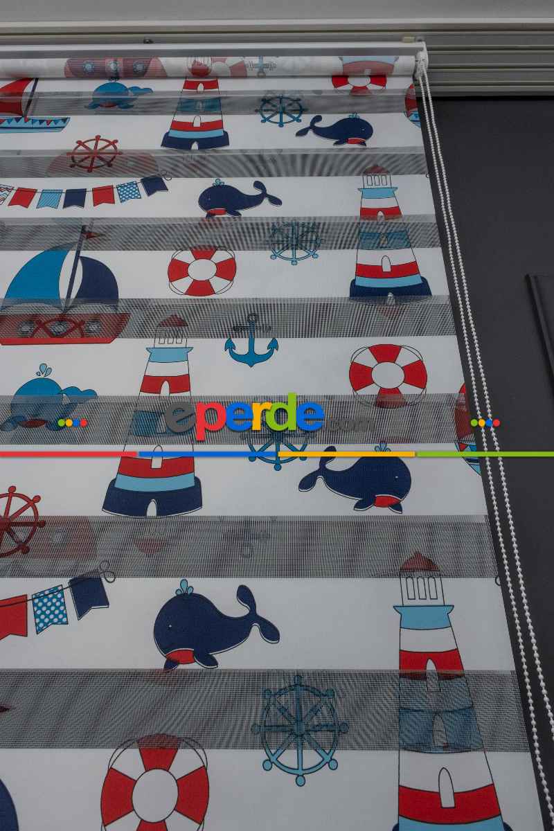 Erkek Çocuk Odası zebra Perde - Çapa Gemici Denizci Desenli Baskılı Zebra Perde - Mavi Lacivert