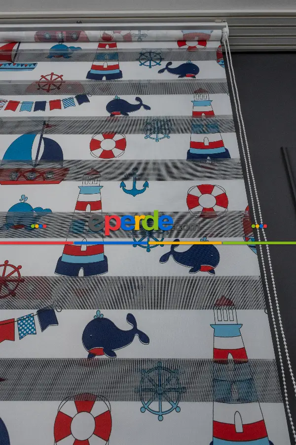 Erkek Çocuk Odası zebra Perde - Çapa Gemici Denizci Desenli Baskılı Zebra Perde - Mavi Lacivert