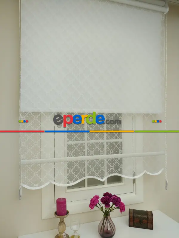 Jakar Örme Tül- Ekru Çiftli Sistem Dantel Desenli Perde- Ekru