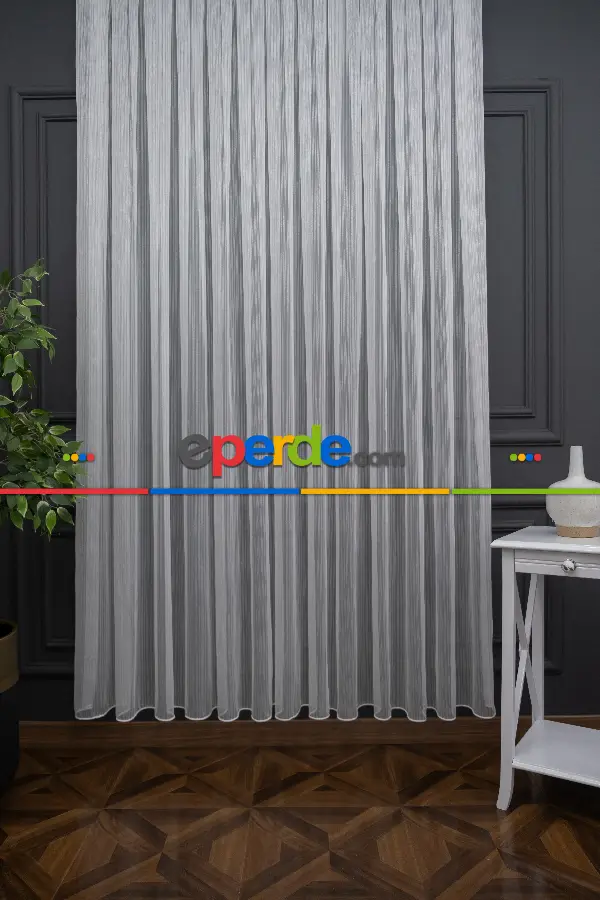 Salon - Düz Simli Düz Tül Perde - Ekru