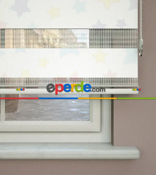 Yıldız Desenli Baskılı Zebra Perde- Çok Renkli