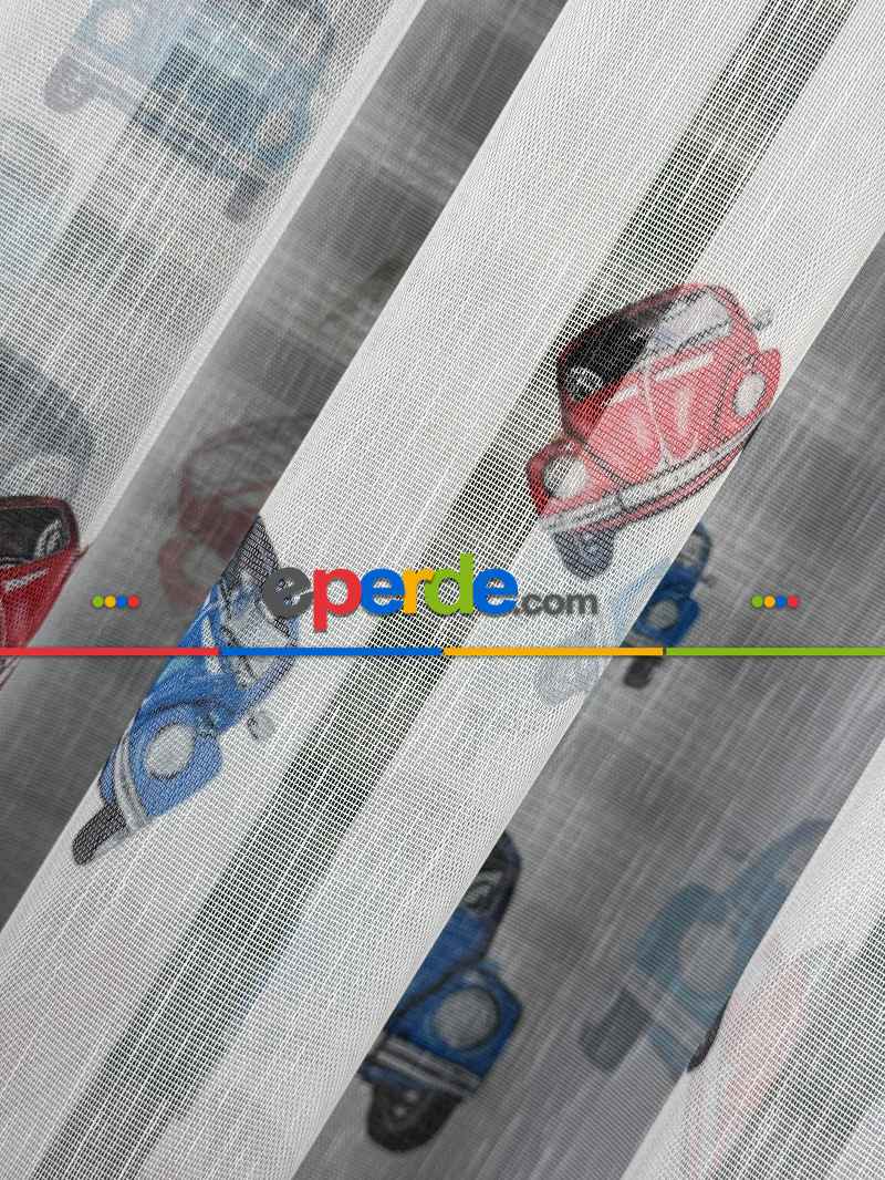 Çok Renkli Araba Desen Baskılı Tül Perde, Çocuk-bebek Odası, Premium Seri