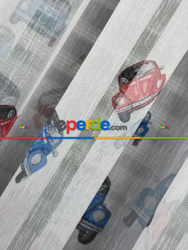 Çok Renkli Araba Desen Baskılı Tül Perde, Çocuk-bebek Odası, Premium Seri