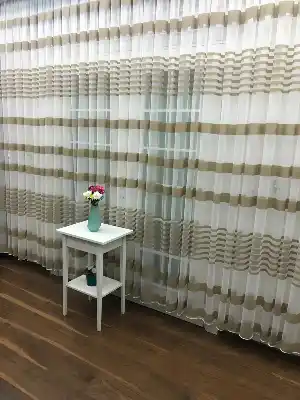 Enine Çizgili Bantlı Spor Tül Perde- Vizon Rengi-ekru - Kurşunlu Tül