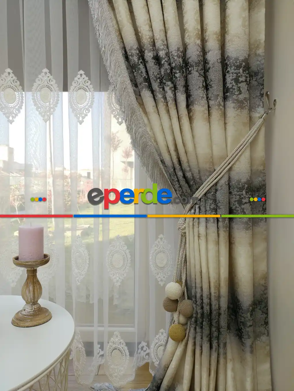 Renk Geçişli Jakar Desenli Salon Fon Perdesi -(saçak Dahildir)- Bej-kahve-antrasit