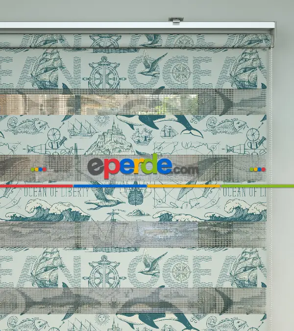 Bebek Odası Zebra -  Denizci Desenli Baskılı Zebra Perde-  Çok Renkli 2