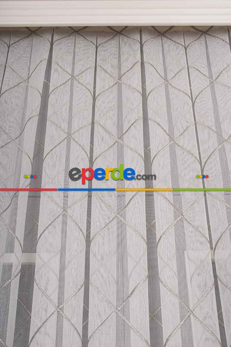 Salon Tül - Geometi Nakış Işlemeli Tül Perde Ekru - Gümüş Simli