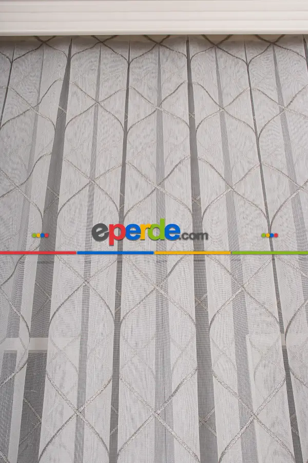 Salon Tül - Geometi Nakış Işlemeli Tül Perde Ekru - Gümüş Simli