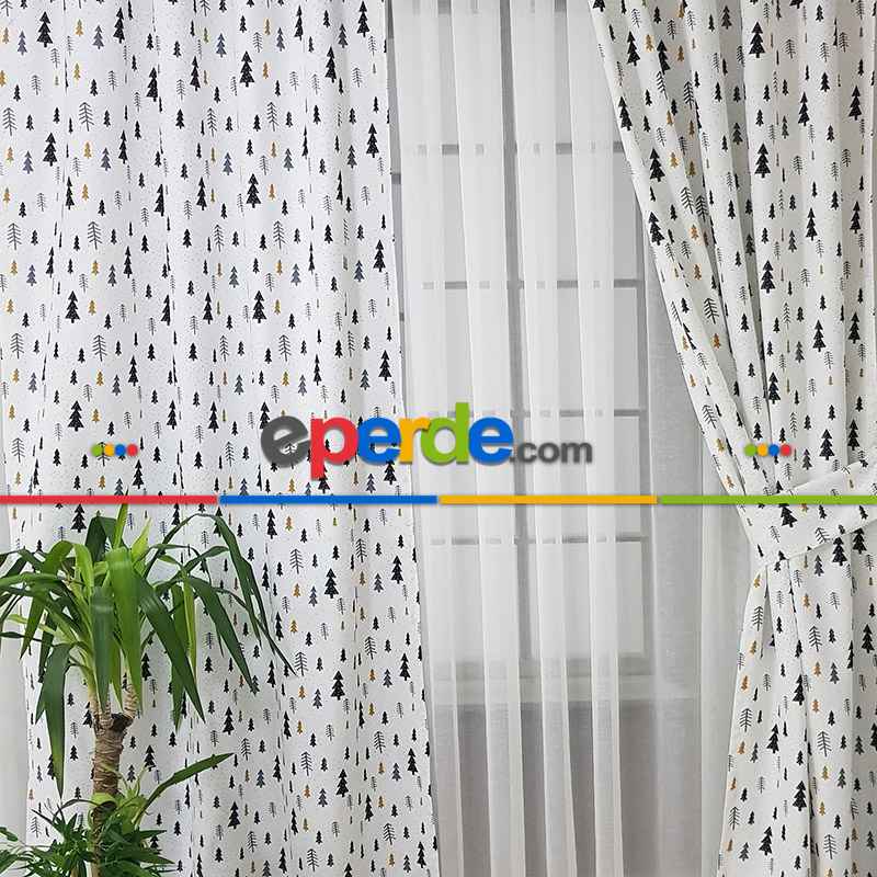 Çam Ağacı Desenli Fon Perde K601 Kumaşı Kalındır Duck Bezi Değildir- Beyaz