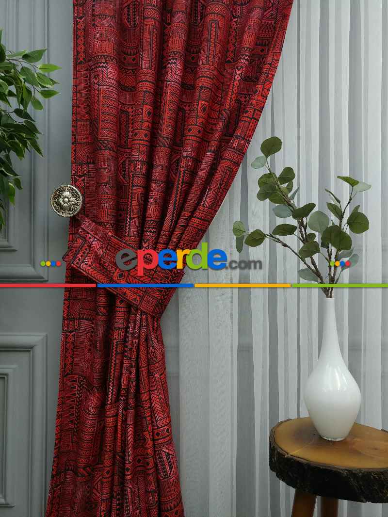 Kırmızı Geometrik Desenli Fon Perde Evm708 Kumaşı Kalındır Duck Bezi Değildir- Kırmızı Koyu