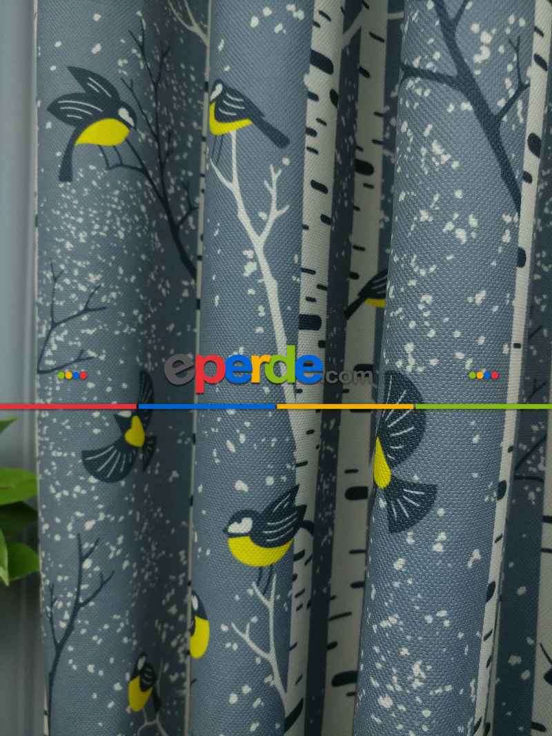 Mutfak Perdesi Kanat Fon Perde Kuş Desenli- Sarı