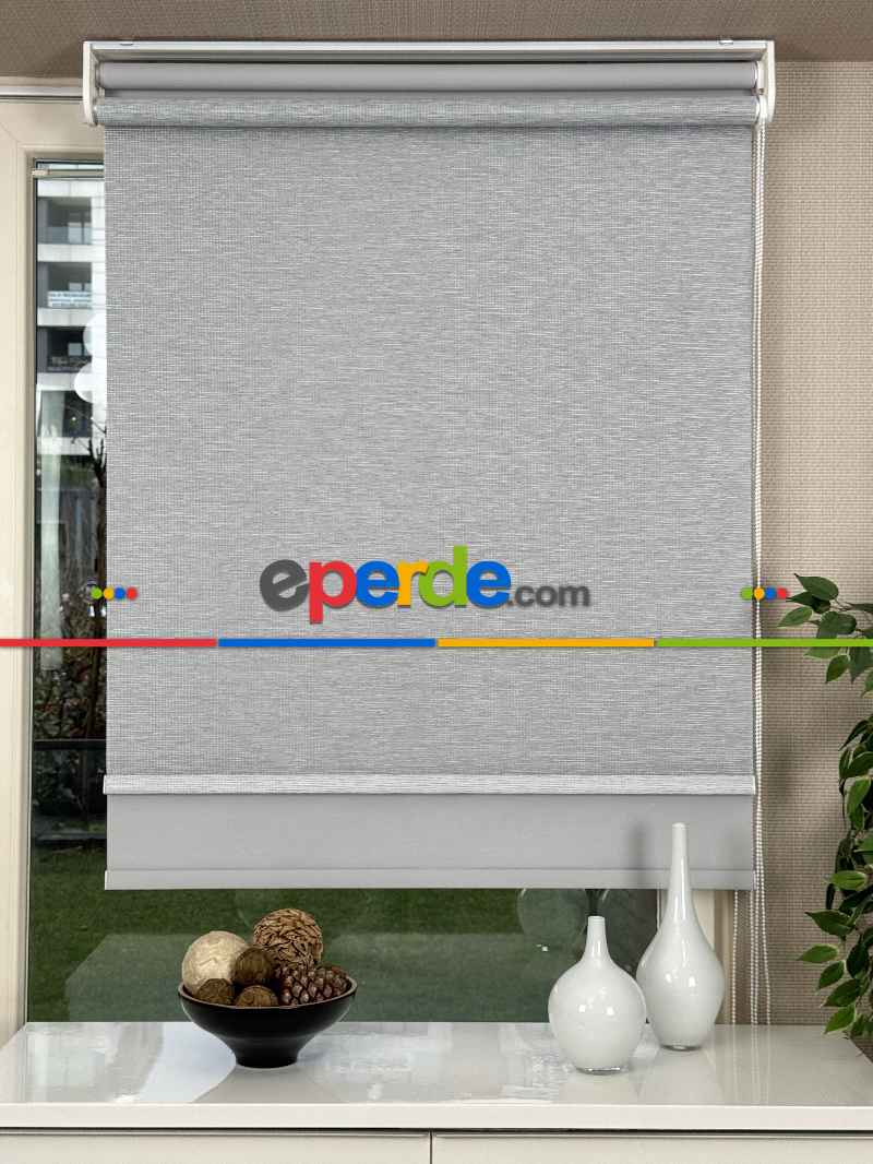 Açık Gri Çiftli Sistem Tül Stor Perde, Standart Metal Kasalı Yüksek Kalite Kornişe Kolay Montaj Seçenekli