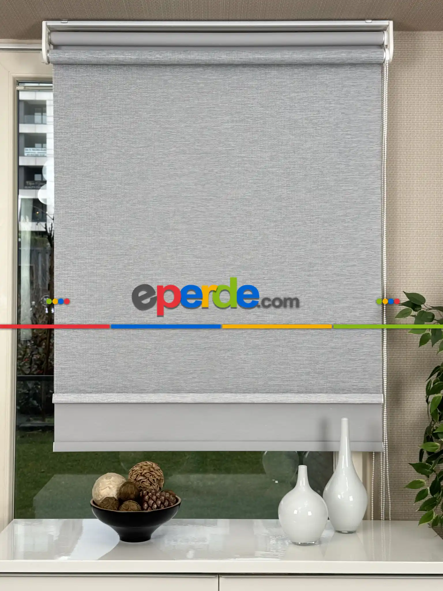 Açık Gri Çiftli Sistem Tül Stor Perde, Standart Metal Kasalı Yüksek Kalite Kornişe Kolay Montaj Seçenekli