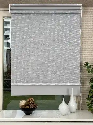 Açık Gri Çiftli Sistem Tül Stor Perde, Standart Metal Kasalı Yüksek Kalite Kornişe Kolay Montaj Seçenekli