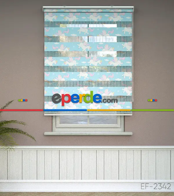 Unicorn Desenli Baskılı Zebra Perde- Çok Renkli