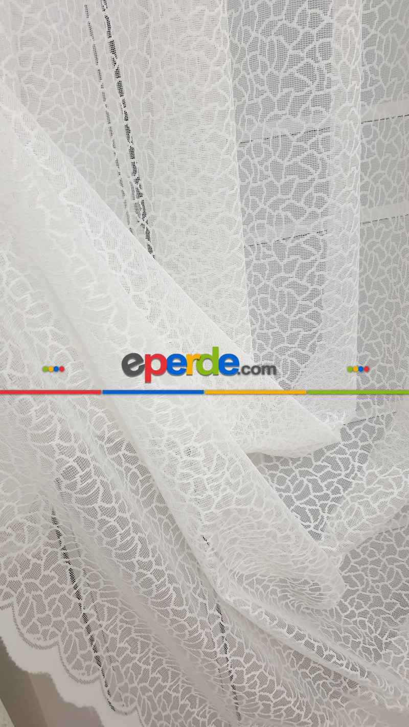 Desenli Tül Perde - Örme Tül - Geometrik Desenli Tül Perde - Beyaz