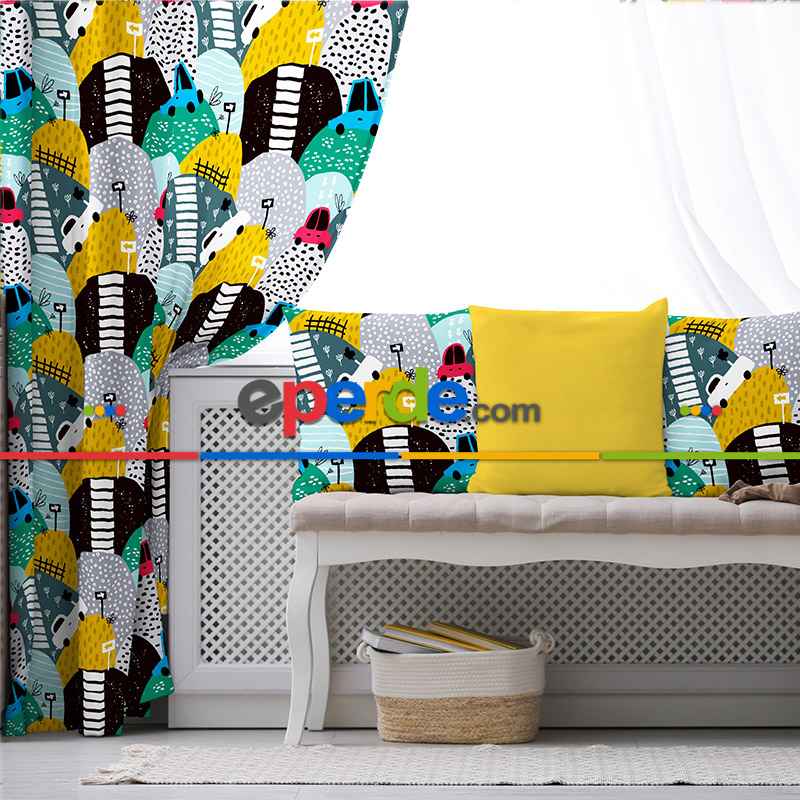 Araba Desenli Fon Perde Evim855 Kumaşı Kalındır Duck Bezi Değildir- Mavi-beyaz