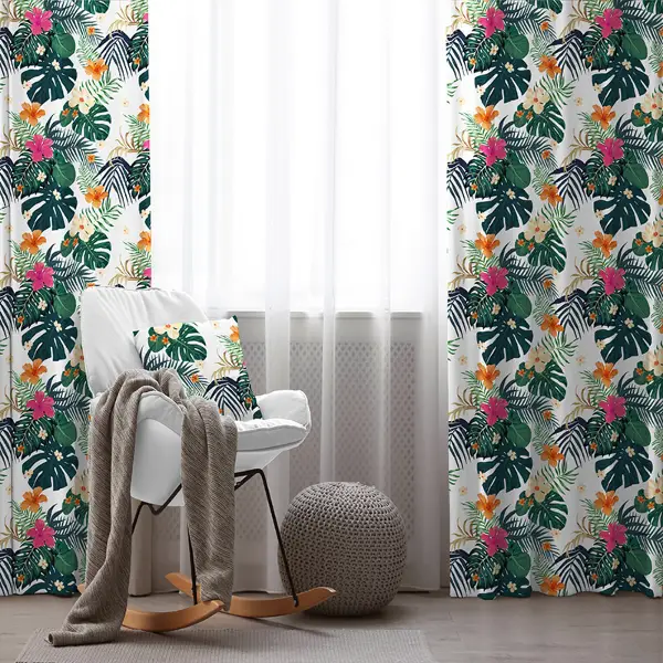 Tropikal Desenli Fon Perde Evim1575 Kumaşı Kalındır Duck Bezi Değildir- Mavi-beyaz